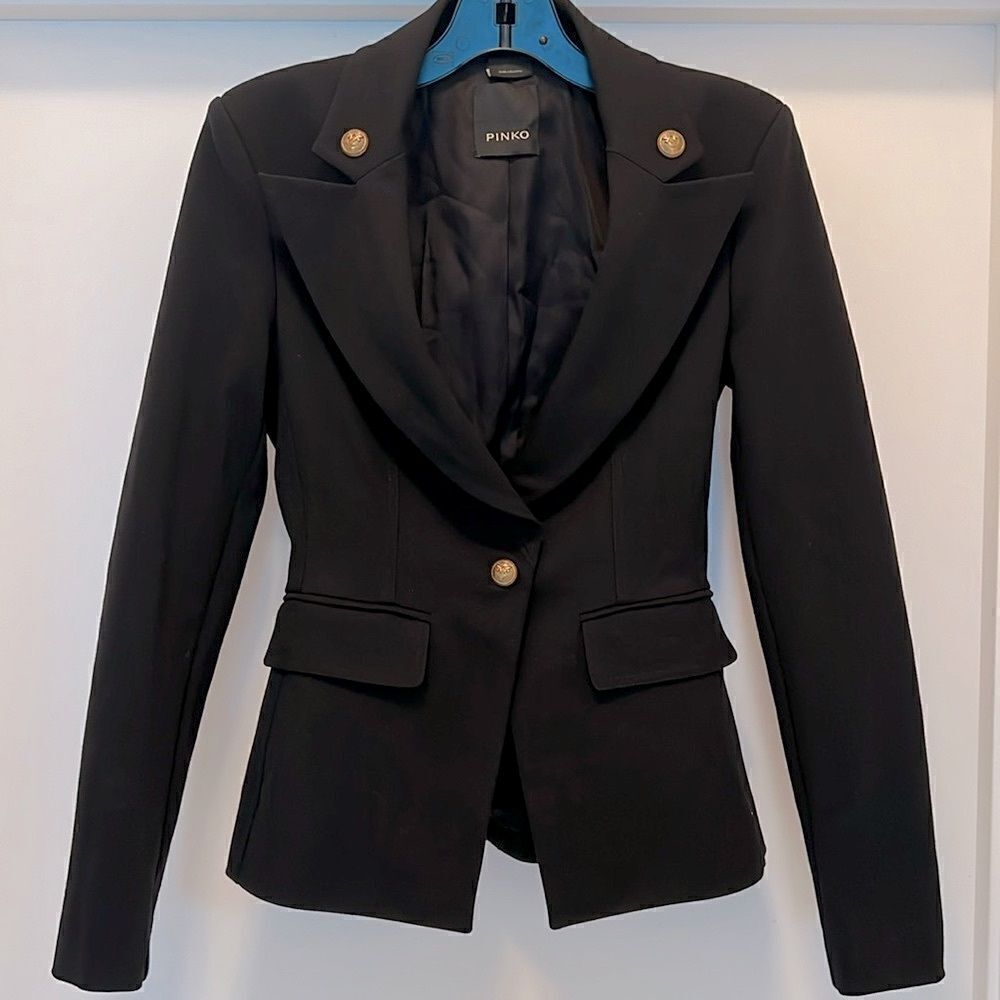 🖤 New - PINKO Scuba Gold Bronze Buttons Lightweight Stretchy Slim Blazer